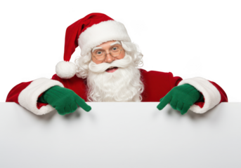 A jolly santa claus with a white beard and glasses points to a blank white sign, isolated on a transparent background, embodying the spirit of christmas