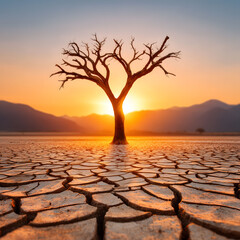 Dramatic sunset illuminates cracked desert land with a lone dead tree, symbolizing resilience in harsh environment and the effects of climate change