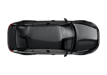Top view of a sleek black car on transparent background, PNG