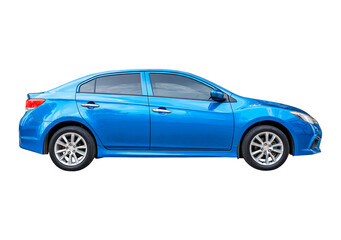 Blue sedan car side view  on transparent background, PNG