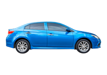 Blue sedan car side view  on transparent background, PNG