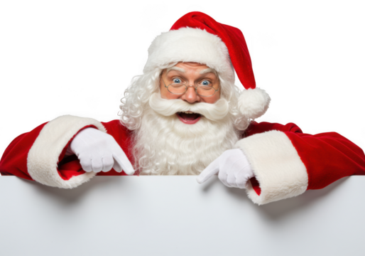 A cheerful santa claus with a white beard and hat points down at a blank white sign, isolated on a transparent background