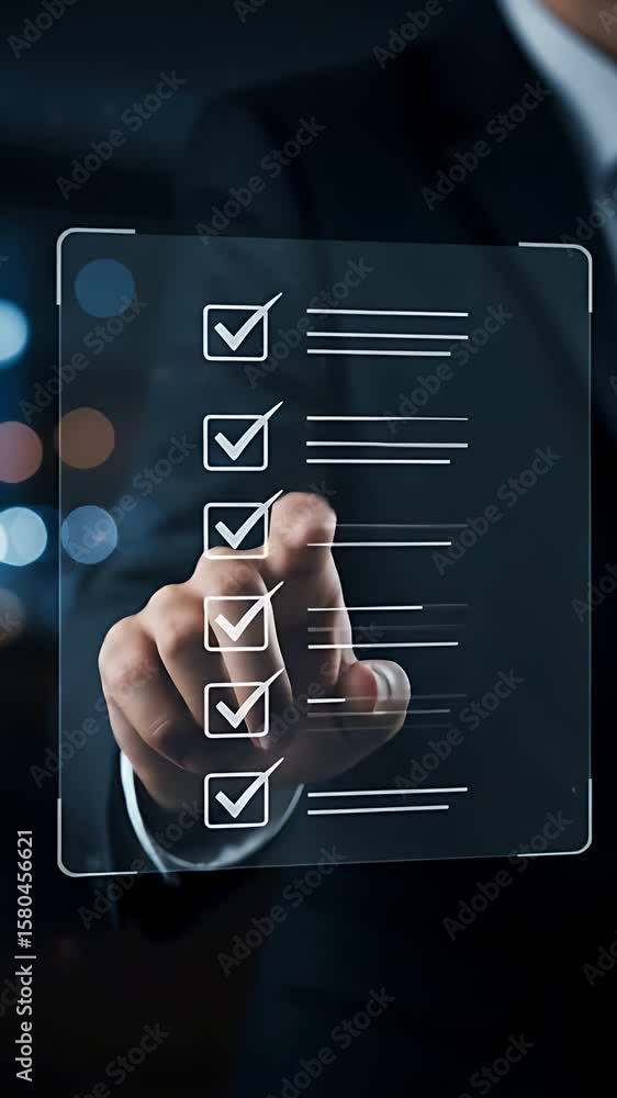 Poster business process checklist shown via a digital screen by a person in suit demonstrating quality cont