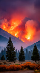 Intense wildfire burning on a mountain ridge during sunset, creating a dramatic scene with smoke and flames rising above the tree line, while pine trees and shrubs stand in the foreground