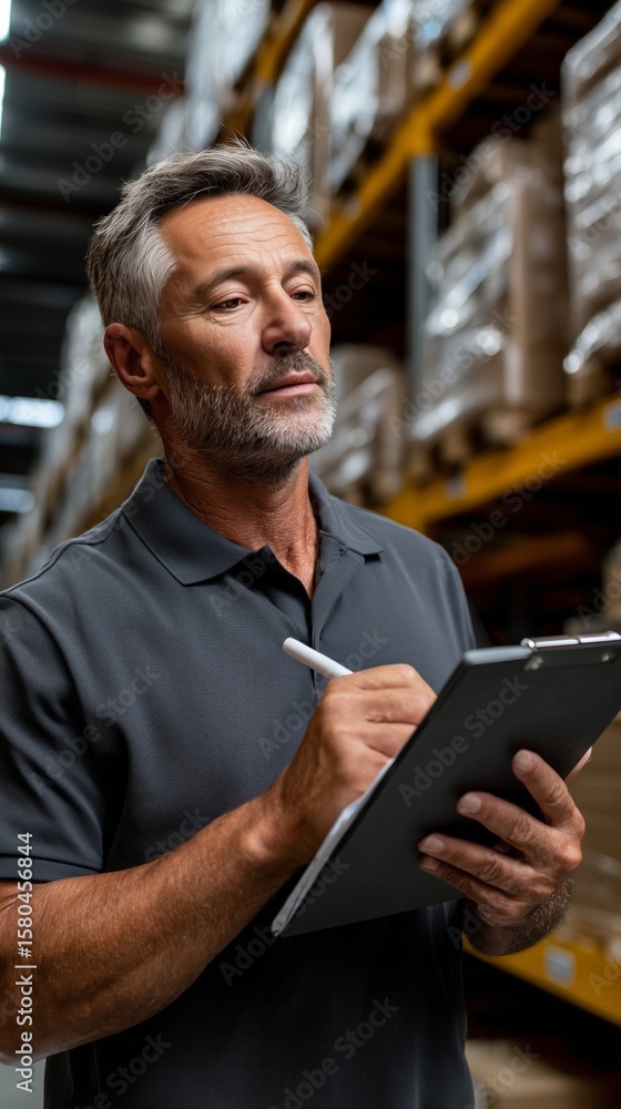 Aufkleber warehouse manager conducting inventory checks and making notes in a busy distribution center during 