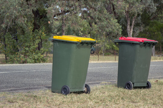 Council bins waiting for collection beside a rural road