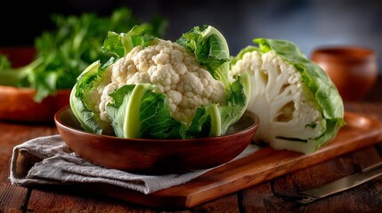 Fresh cauliflower displayed on wooden table with green leaves and dark background showcasing a rustic kitchen atmosphere