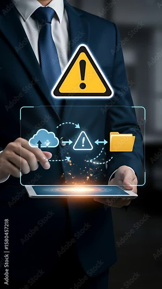 Poster data security warning: businessman tapping tablet displaying risk alert in cloud and file transfer