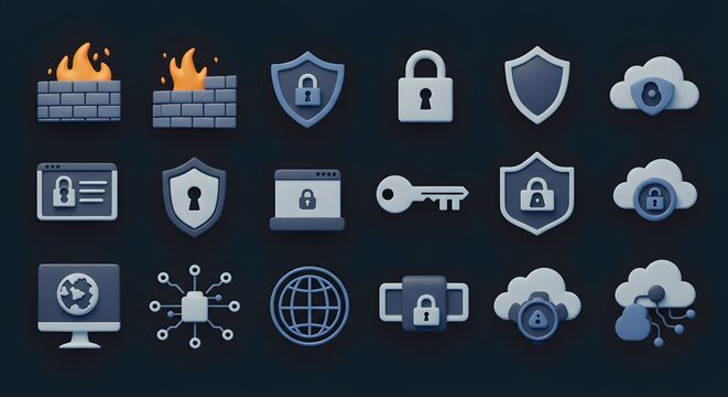 Collection of Security Icons Representing Digital Protection and Privacy Solutions with Symbols