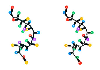 Two strings of colorful christmas lights with multiple bulbs, isolated on a transparent background