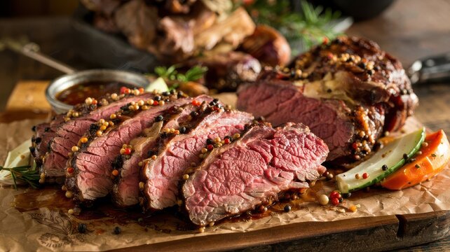 Smoked beef chuck slices with peppercorn crust on wooden cutting board displaying perfect smoke ring and tender red interior