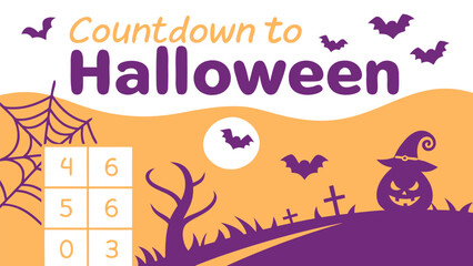 Fototapeta premium Countdown to halloween illustration with bat, spiderweb, haunted house, pumpkin and spider on purple background