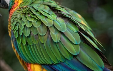 Obraz premium Close up macro shot of vibrant green parrot feathers with blue and yellow accents