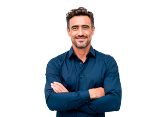 Confident businessman smiling in blue shirt on transparent background, PNG
