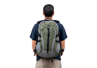 Fototapeta premium Outdoor adventure concept featuring a man with backpack for hiking and travel on transparent background, PNG