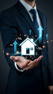 Real Estate Growth: Man in suit presents house icon symbolizing property value increase with upward trending arrows.
