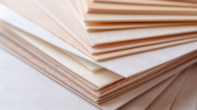 Stacked sheets of various papers in neutral tones displayed on a clean surface