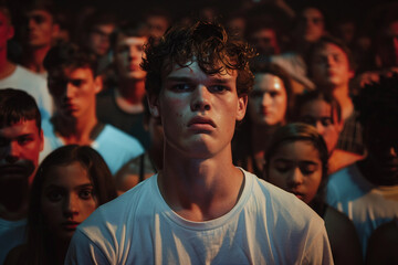 Fototapeta premium Energetic performer on stage under dramatic lighting, surrounded by an enthusiastic audience at a live event – generative AI