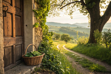 Basket of green leaves by old door with trees and foliage in warm light
