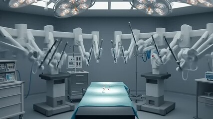 Advanced surgical room featuring robotic arms preparing for an operation with sterile equipment and lighting - Powered by Adobe