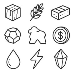Line Icon Tokens. Line style icons of Resource Tokens: wooden cube wheat, brick block, stone token, sheep meeple, gold coin, water