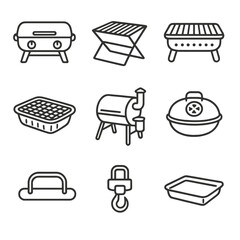 Portable Grill Icons. Line style icons of Portable Grill Varieties: tabletop gas grill, fold-up charcoal grill, hibachi grill,