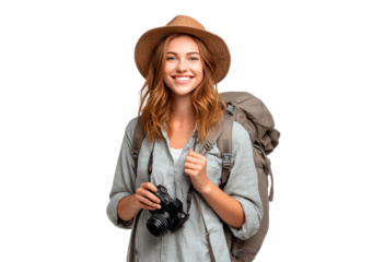 Smiling adventurer with camera and backpack ready for exploration and travel on transparent background, PNG