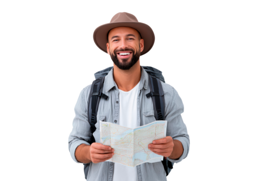 Smiling traveler with a map ready for adventure and exploration on transparent background, PNG