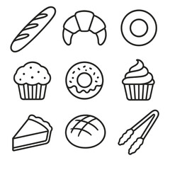 Bakery Pastry Icons. Line style icons of Bakery Pastry Counter: baguette loaf, croissant curve, bagel ring, muffin top, donut