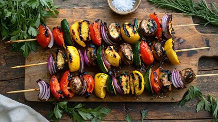 Grilled vegetables on bamboo skewers top down shot, colorful roasted bell peppers, zucchini, mushrooms and red onions with grill marks