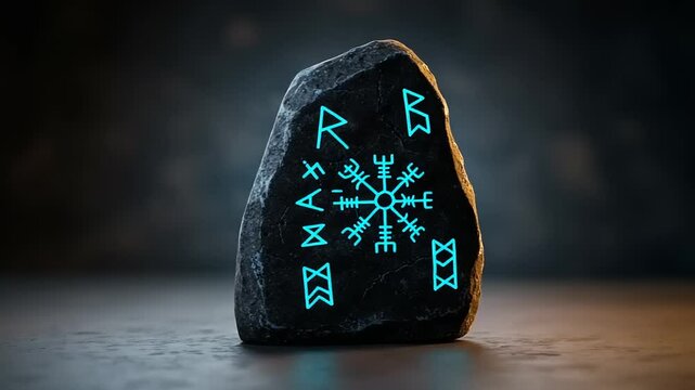 Ancient Rune Stone with Glowing Symbols on Display