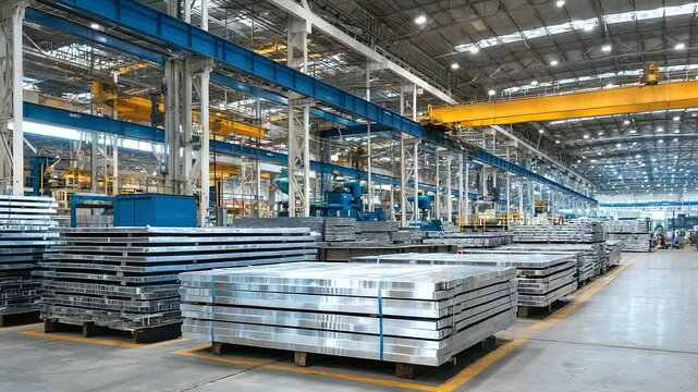 Massive stacks of gleaming sheet metal neatly piled in a sprawling industrial factory, rolls of galvanized steel lined up nearby, with overhead cranes and engineering machinery rea
