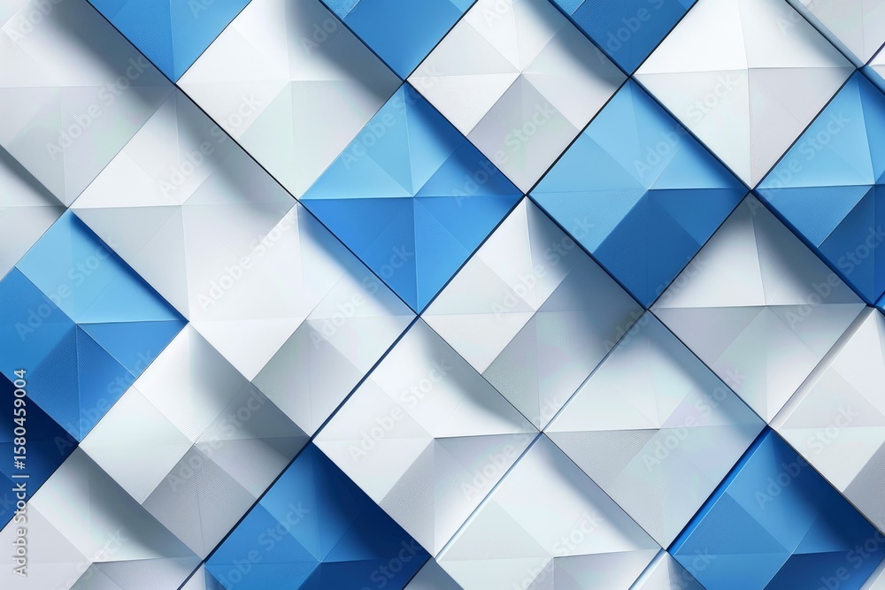 Poster geometric pattern with blue and white squares and triangles creating a modern and abstract design