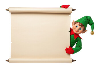 A cheerful christmas elf peeks out from behind a blank scroll, isolated on transparent background