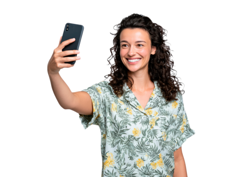 Woman smiling and taking a selfie with smartphone on transparent background, PNG