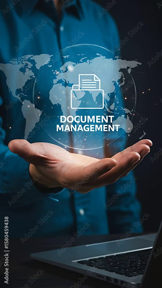Aufkleber streamlined document management solution globally offered by a person with laptop and networked digi