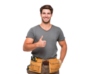 Confident carpenter with tool belt giving thumbs up gesture for home improvement on transparent background, PNG