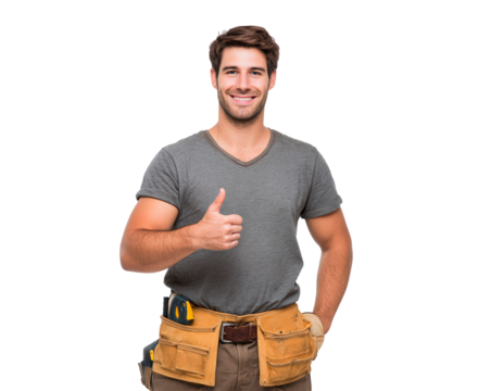 Confident carpenter with tool belt giving thumbs up gesture for home improvement on transparent background, PNG - Powered by Adobe