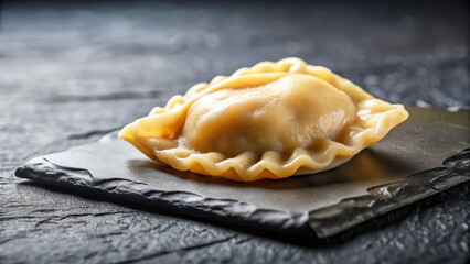 Polish dumplings featuring one pierogi on dark stone surface with intricate crimped edges. Polish dumplings filling is smooth and inviting, presented on dark stone.