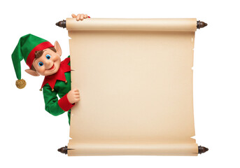 A cheerful elf peeks out from behind a blank parchment scroll, isolated on a transparent background, ready for holiday messages