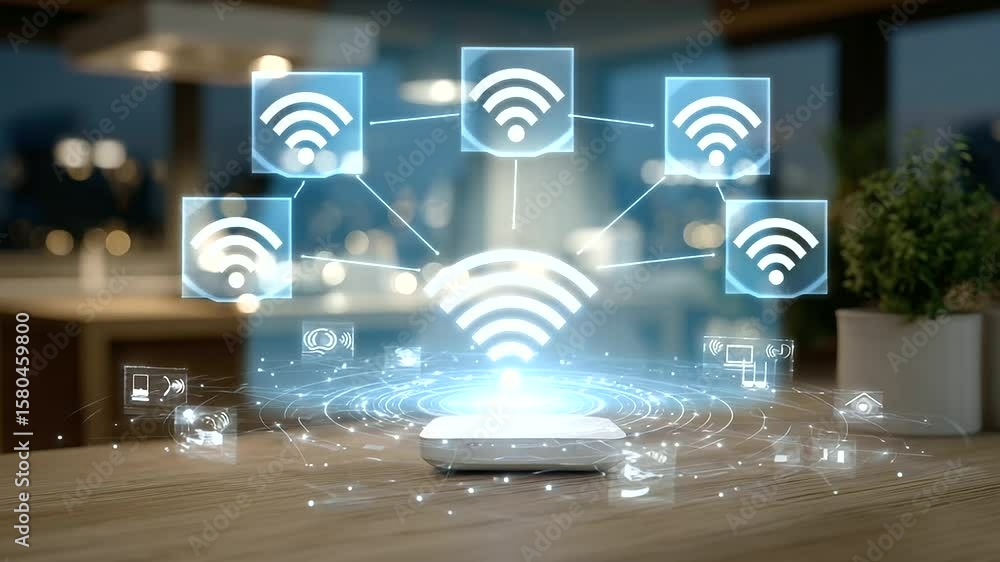 Aufkleber modern router emitting a holographic signal icon above a wooden table, surrounded by transparent ui 