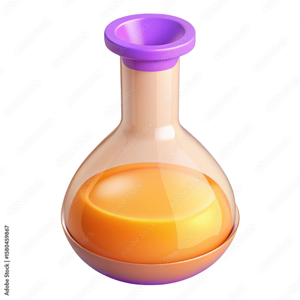 Poster 3d laboratory flask with orange liquid isolated on transparent background