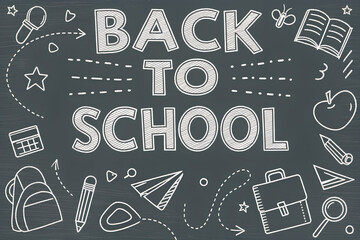 Back to school concept with objects on blackboard poster in doodle style.