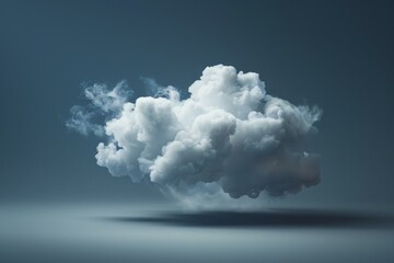Realistic white cloud floating on a dark blue background, casting a soft shadow, creating a dreamy and surreal atmosphere