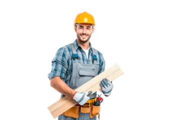 Happy construction worker holding wooden planks for diy or building projects on transparent background, PNG