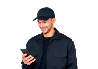 Smiling man in black cap and jacket looking at phone on transparent background, PNG