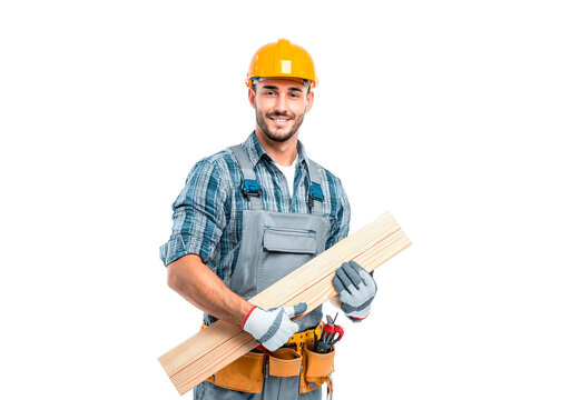 Happy construction worker holding wooden planks for diy or building projects on transparent background, PNG - Powered by Adobe