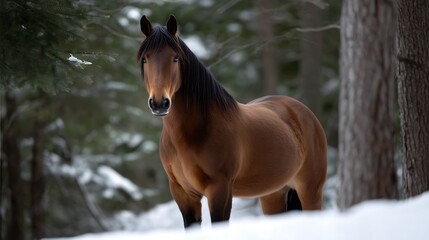 Obraz premium Canadian horse standing alert in snowy woods, powerful build emphasized by natural lighting.
