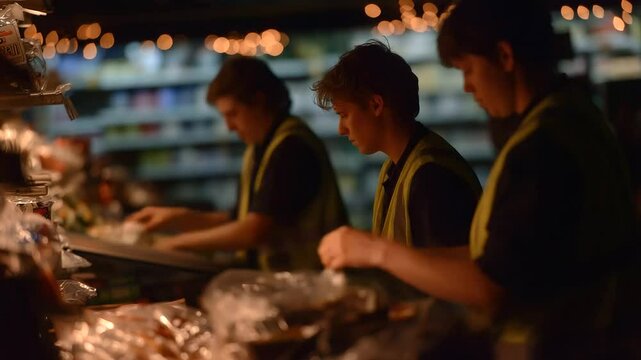 Nighttime scene of supermarket shelves being restocked by staff in safety vests under dim, moody lighting