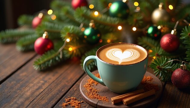Heart-shaped latte art in coffee surrounded by Christmas decor. Perfect for holiday, festive, and seasonal marketing.
